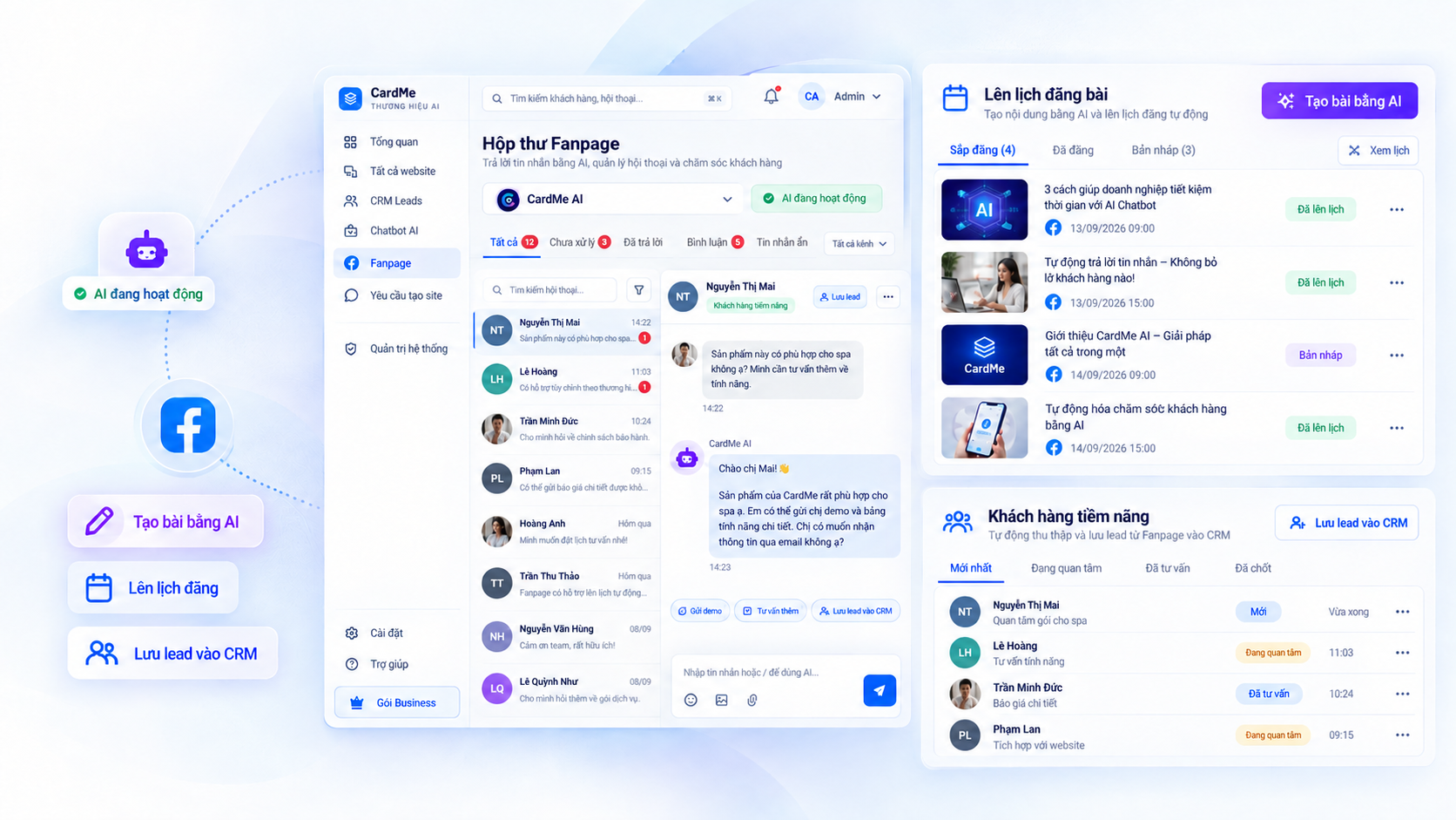 Minh họa hộp thư Fanpage, lịch đăng bài và danh sách khách hàng tiềm năng